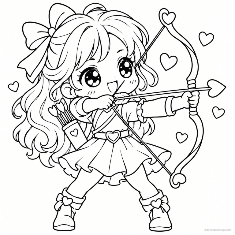 coloriage tir a l arc kawaii fille arc fleche coeurs - dessin gratuit &agrave; imprimer