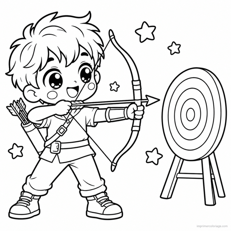 coloriage tir a l arc kawaii garcon arc cible etoiles - dessin gratuit &agrave; imprimer