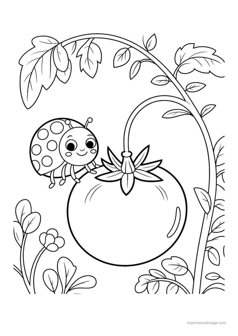 coloriage tomate tomate et coccinelle sur la tige - dessin gratuit &agrave; imprimer