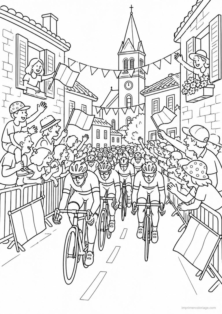 coloriage tour france peloton village clocher - dessin gratuit &agrave; imprimer