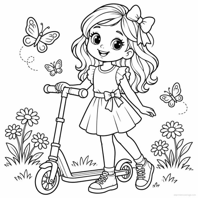 coloriage trotttinette cute fille noeud trottinette - dessin gratuit &agrave; imprimer