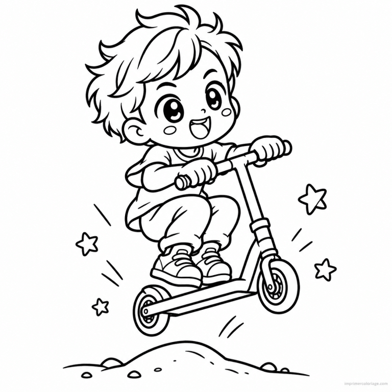coloriage trotttinette kawaii enfant trottinette saut - dessin gratuit &agrave; imprimer