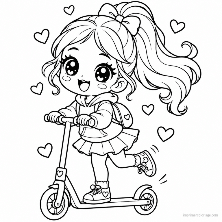 coloriage trotttinette kawaii fille trottinette coeurs - dessin gratuit &agrave; imprimer