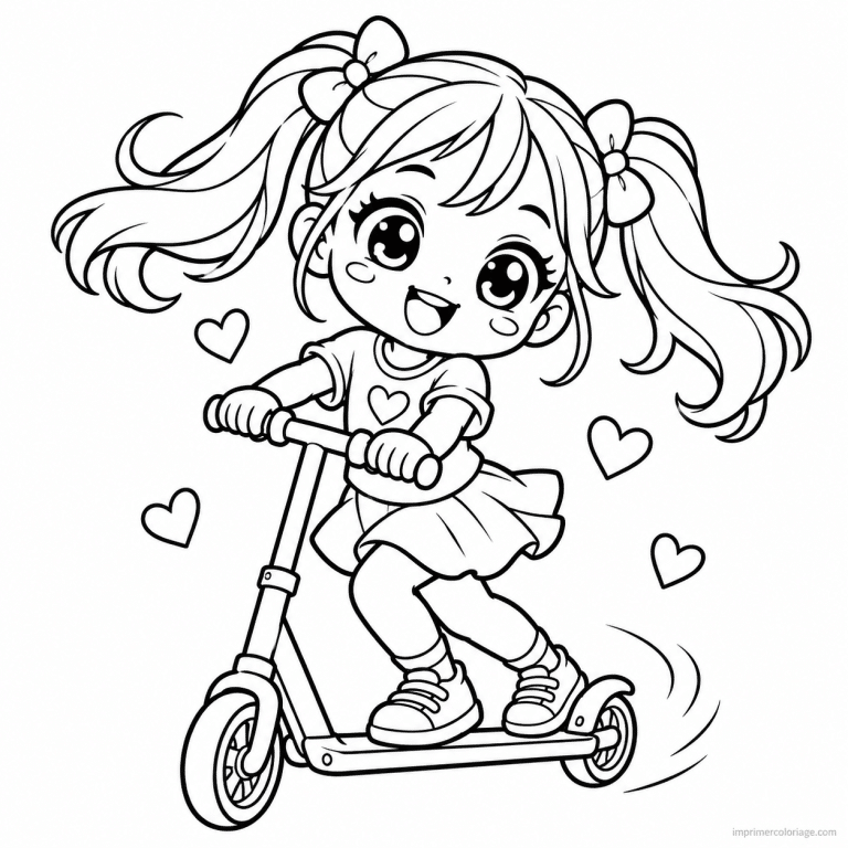 coloriage trotttinette kawaii fille trottinette virage - dessin gratuit &agrave; imprimer