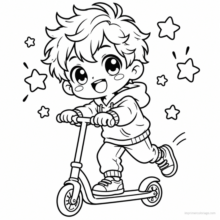 coloriage trotttinette kawaii garcon trottinette etoiles - dessin gratuit &agrave; imprimer