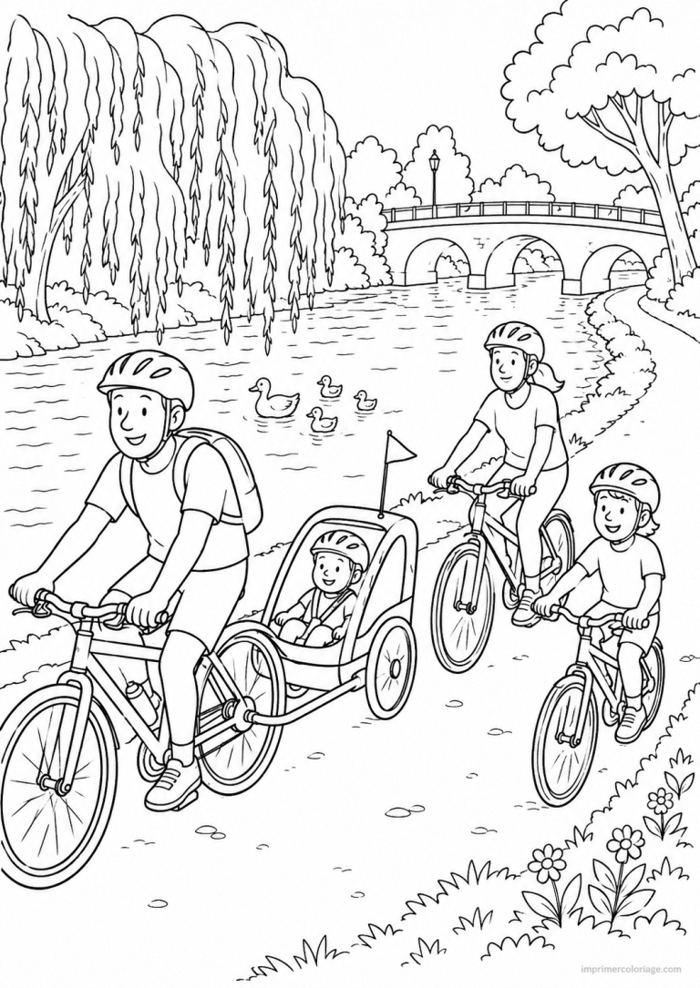 coloriage velo famille bord riviere remorque - dessin gratuit &agrave; imprimer