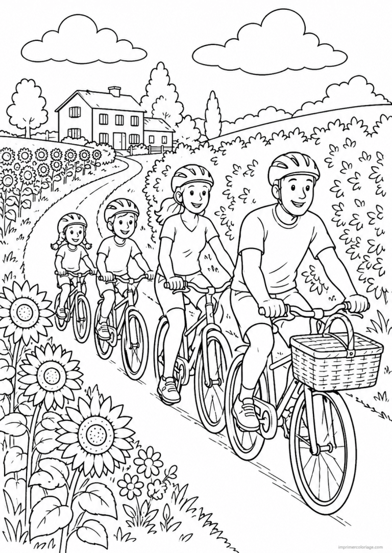 coloriage velo famille campagne pique nique - dessin gratuit &agrave; imprimer