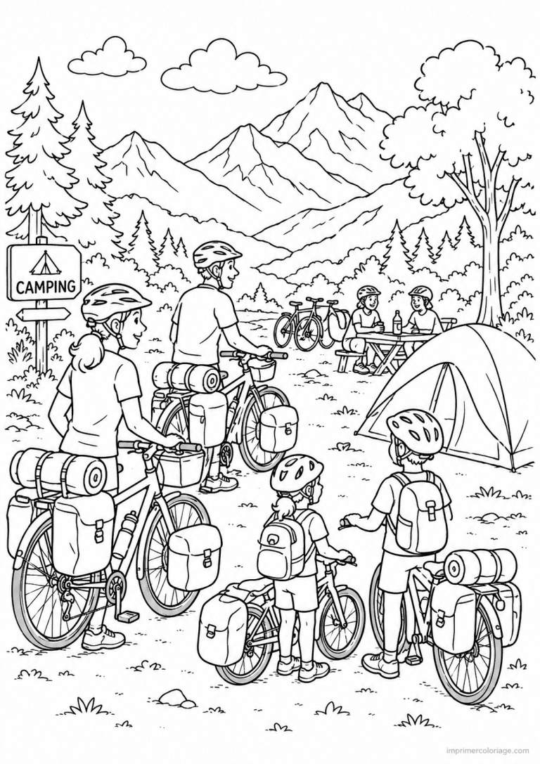 coloriage velo famille camping sacoches montagne - dessin gratuit &agrave; imprimer