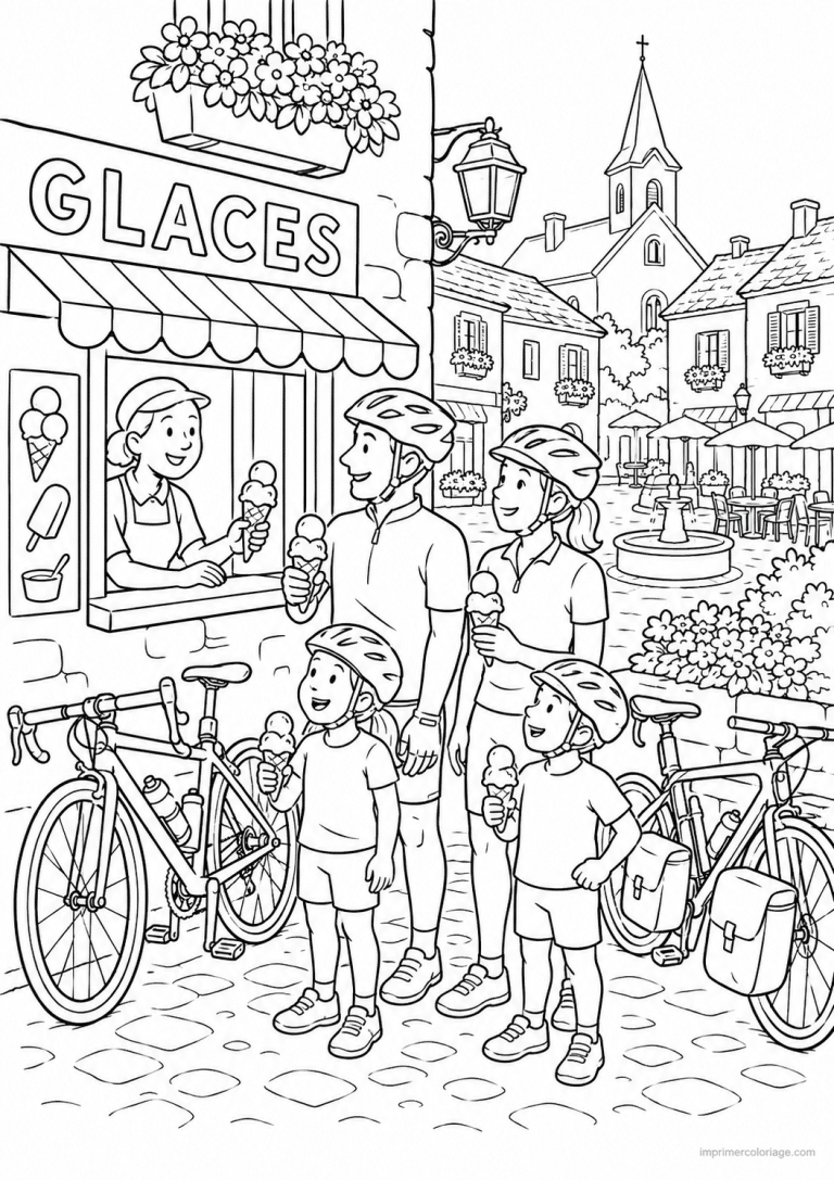coloriage velo famille glace village pause - dessin gratuit &agrave; imprimer