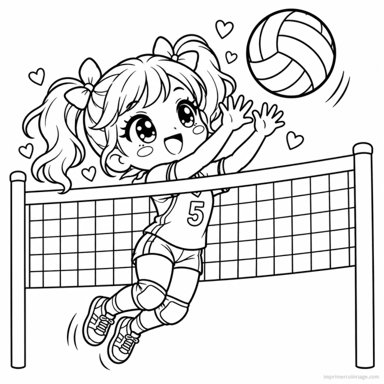 coloriage volleyball kawaii fille volley contre filet - dessin gratuit &agrave; imprimer