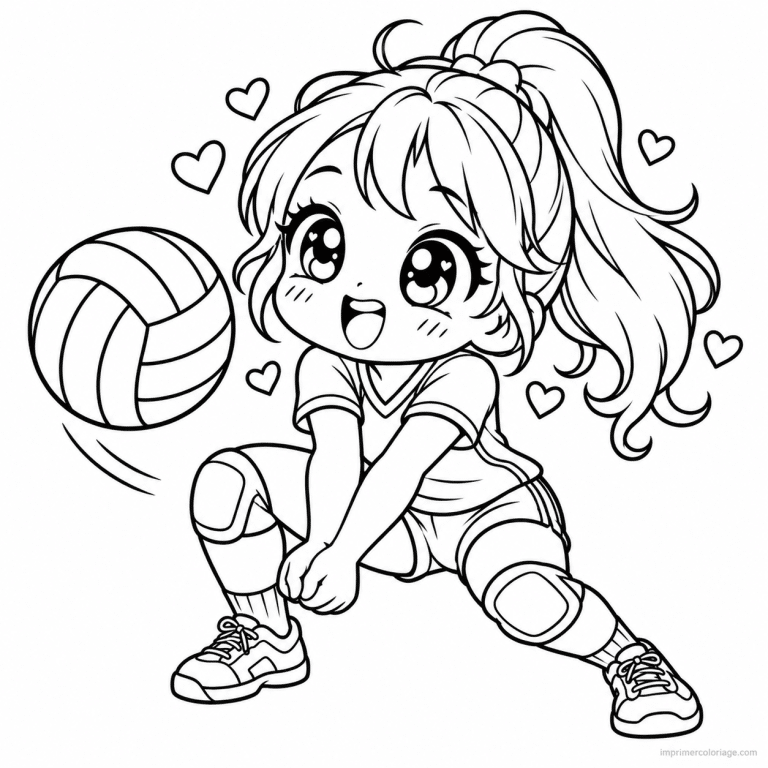 coloriage volleyball kawaii fille volley reception coeurs - dessin gratuit &agrave; imprimer