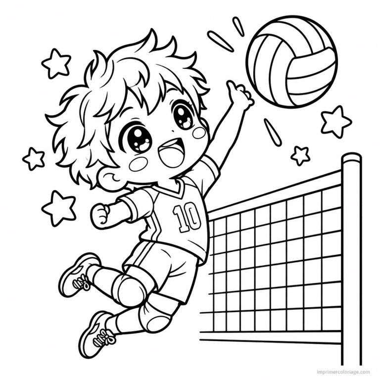 coloriage volleyball kawaii garcon volley saut etoiles - dessin gratuit &agrave; imprimer