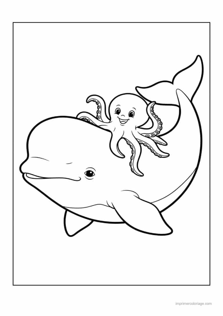 coloriage baleine beluga avec un poulpe - dessin gratuit &agrave; imprimer