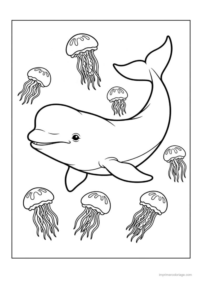coloriage baleine beluga entouree de meduses - dessin gratuit &agrave; imprimer