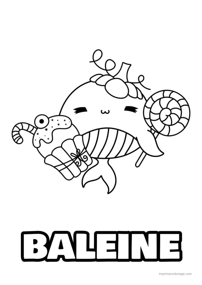 coloriage baleine kawaii bonbons et cupcake - dessin gratuit &agrave; imprimer