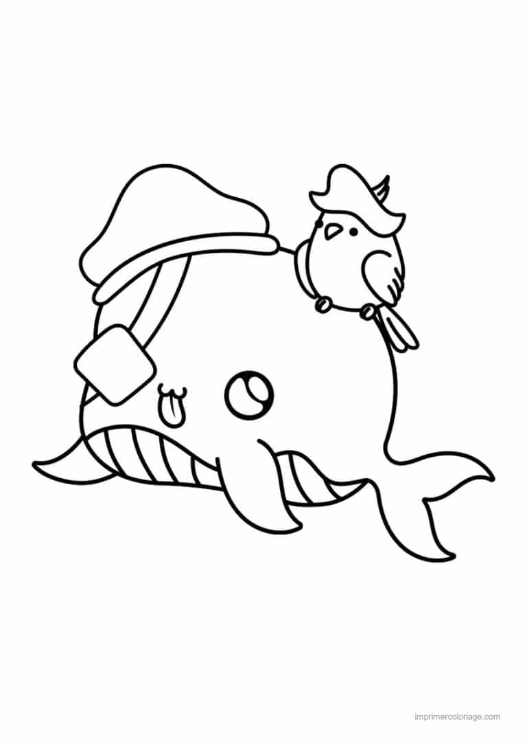 coloriage baleine kawaii chapeau et oiseau - dessin gratuit &agrave; imprimer