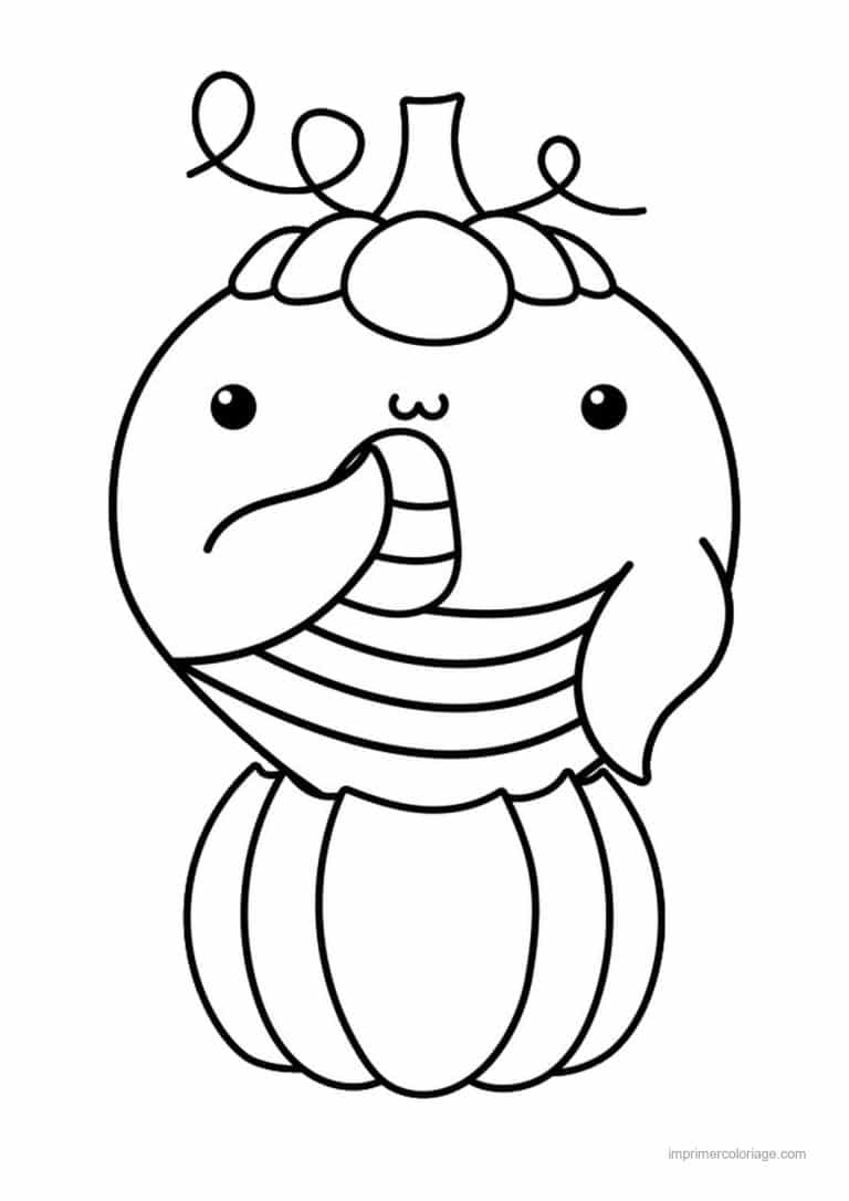 coloriage baleine kawaii sur une citrouille - dessin gratuit &agrave; imprimer