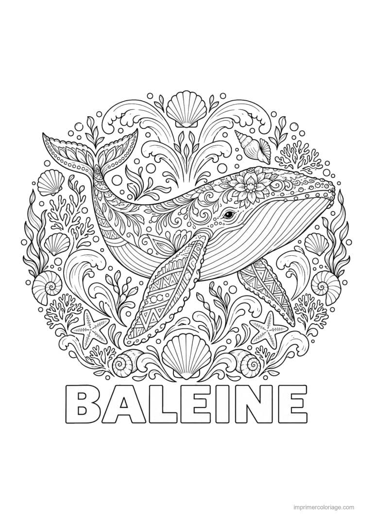 coloriage baleine mandala coquillages marins - dessin gratuit &agrave; imprimer