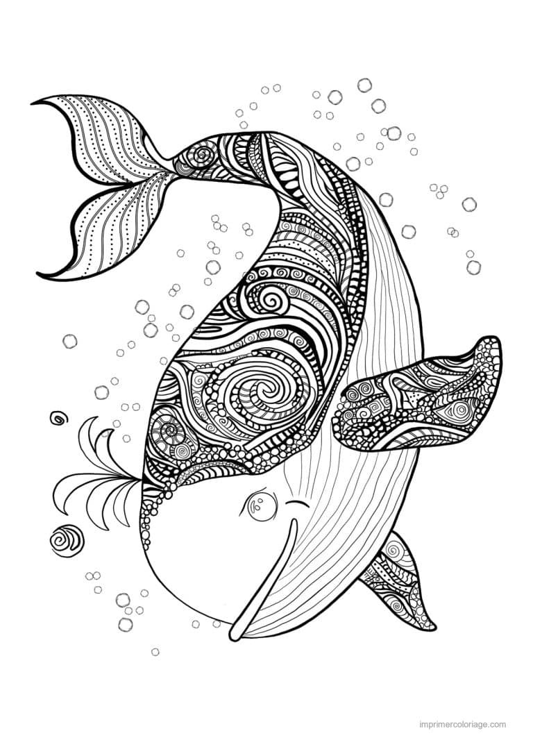 coloriage baleine motifs zentangle et bulles - dessin gratuit &agrave; imprimer