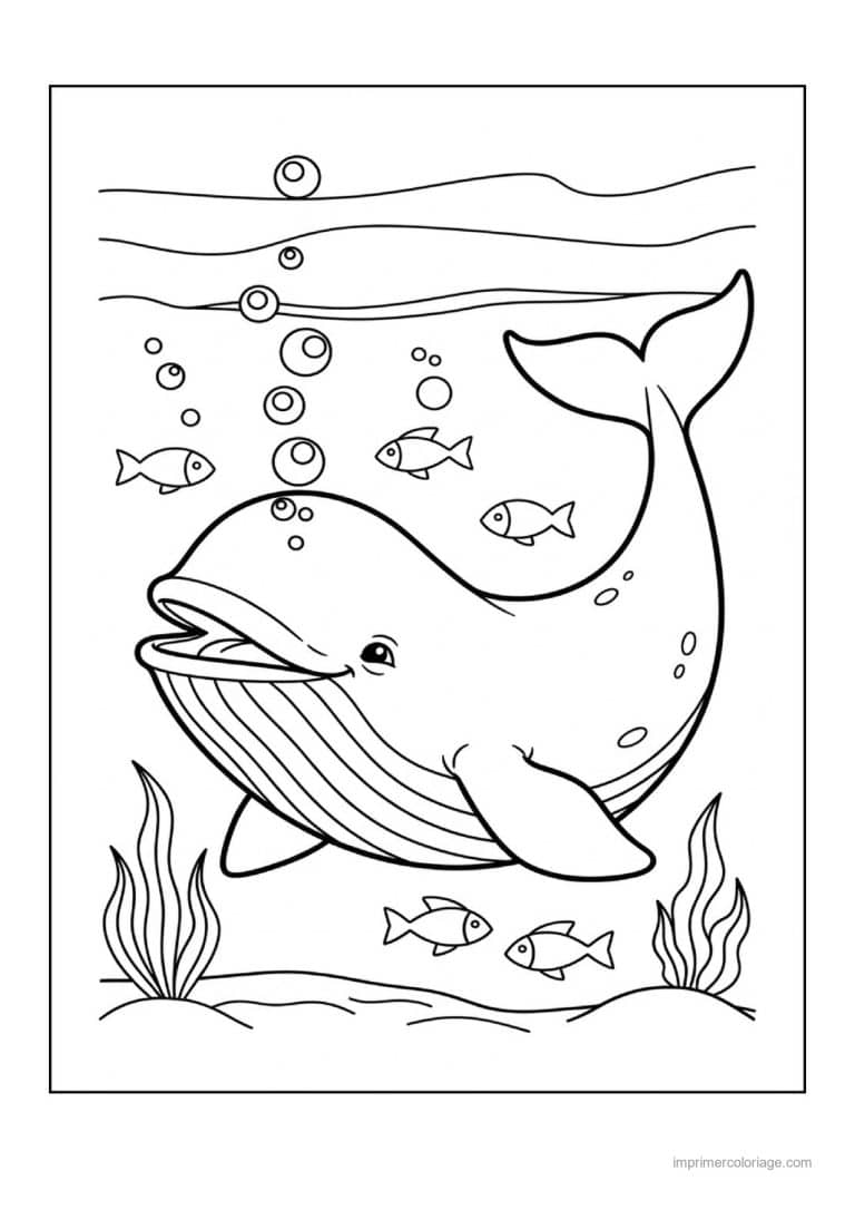 coloriage baleine poissons et algues au fond - dessin gratuit &agrave; imprimer
