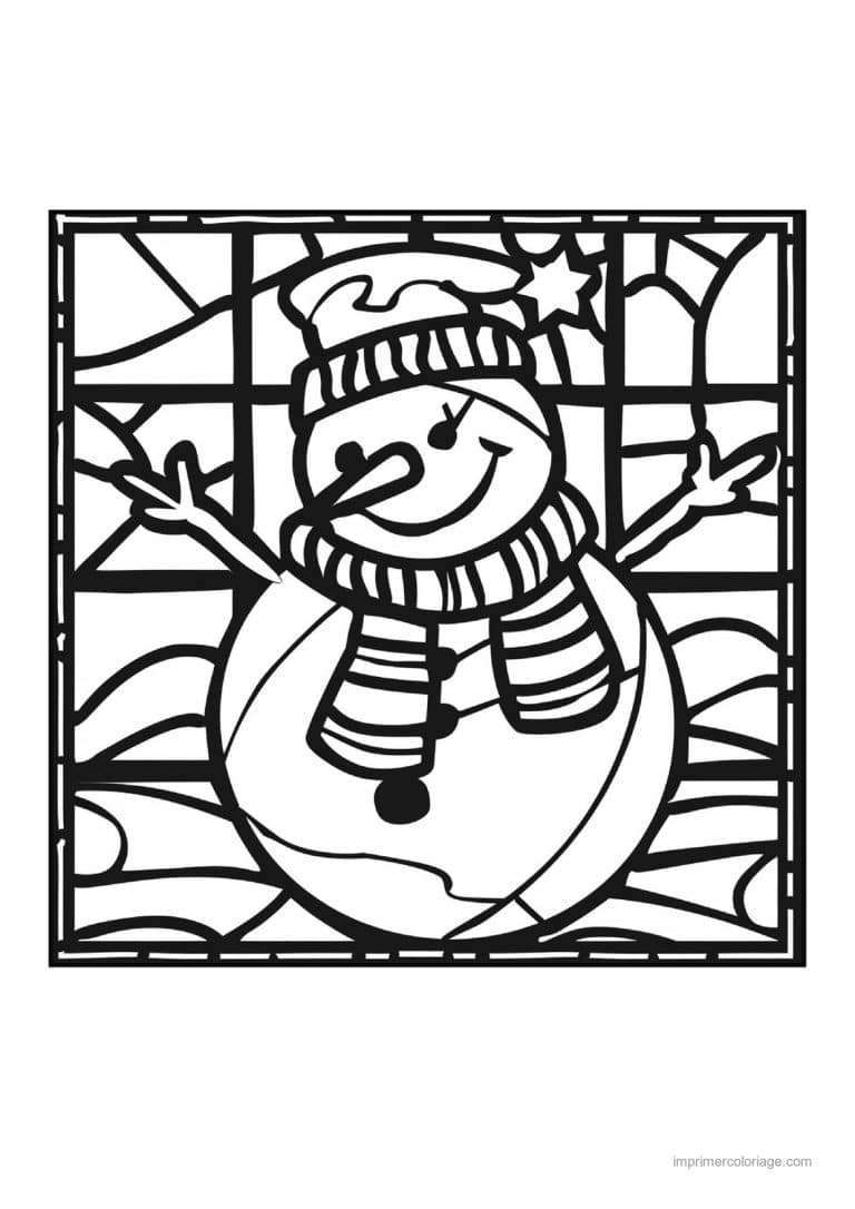 coloriage bonhomme de neige bonhomme neige bonnet echarpe vitrail - dessin gratuit &agrave; imprimer