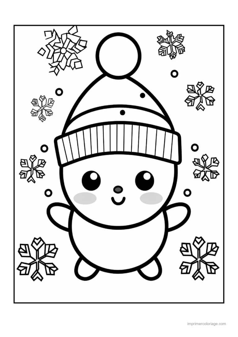 coloriage bonhomme de neige bonhomme neige bonnet laine flocons - dessin gratuit &agrave; imprimer