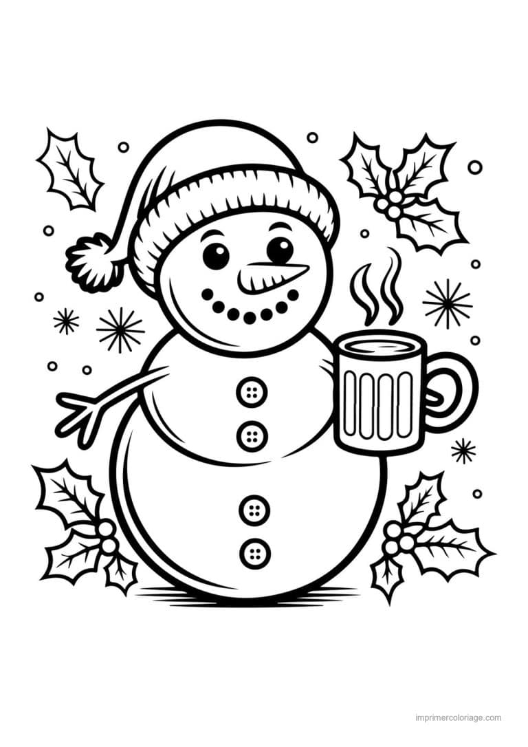 coloriage bonhomme de neige bonhomme neige bonnet tasse houx - dessin gratuit &agrave; imprimer