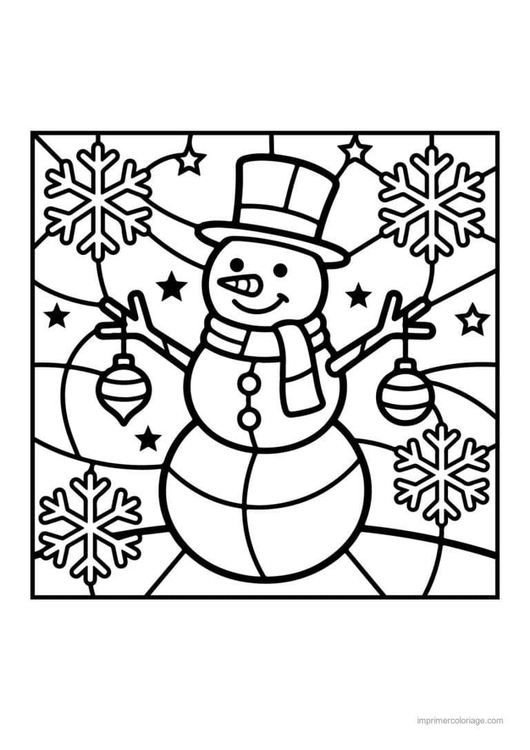 coloriage bonhomme de neige bonhomme neige chapeau boules flocons - dessin gratuit &agrave; imprimer