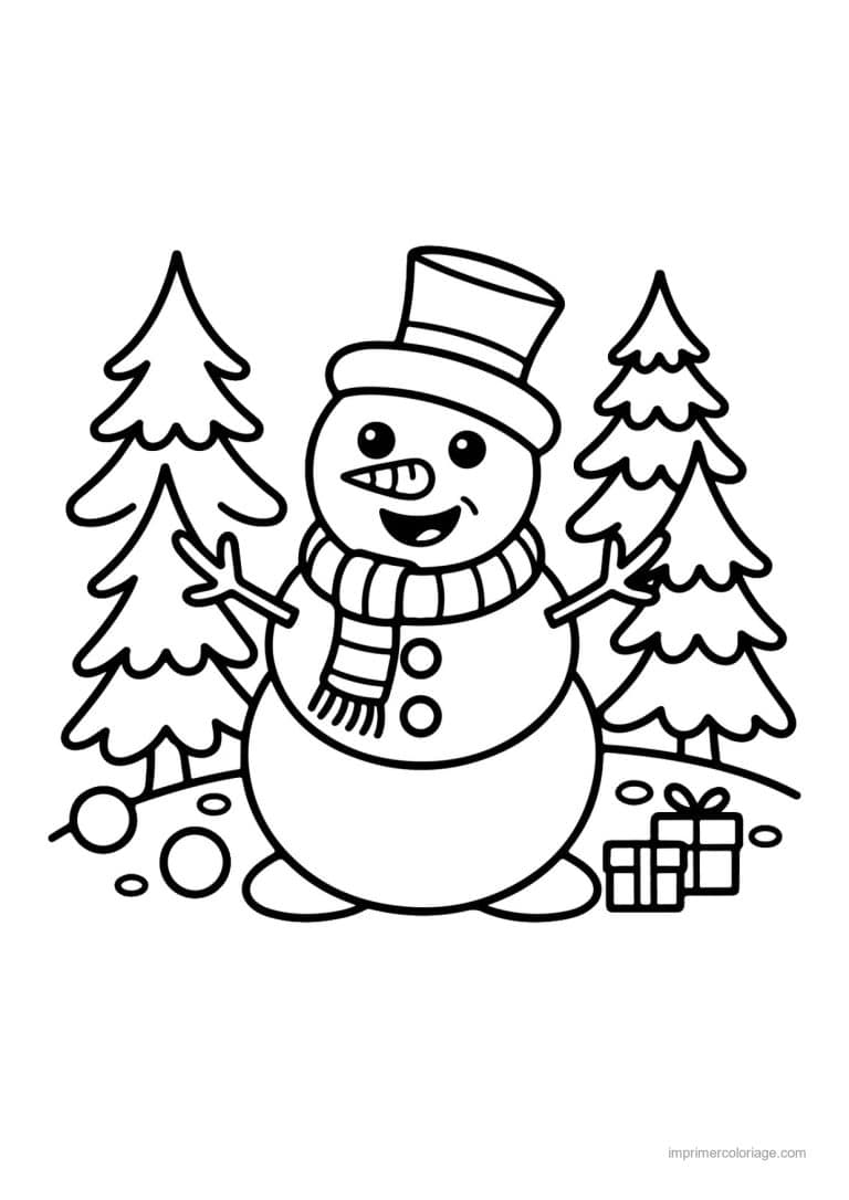 coloriage bonhomme de neige bonhomme neige chapeau sapins cadeaux - dessin gratuit &agrave; imprimer