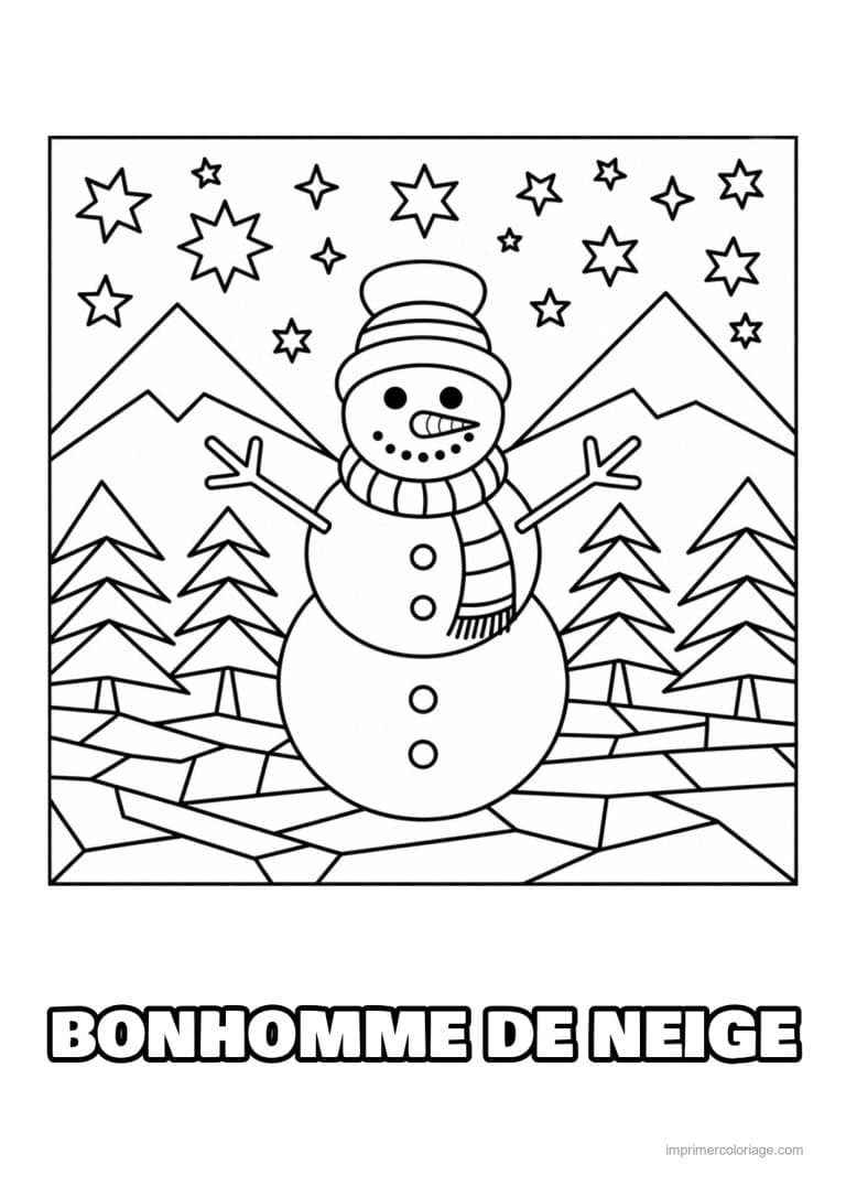 coloriage bonhomme de neige bonhomme neige chapeau sapins etoiles - dessin gratuit &agrave; imprimer