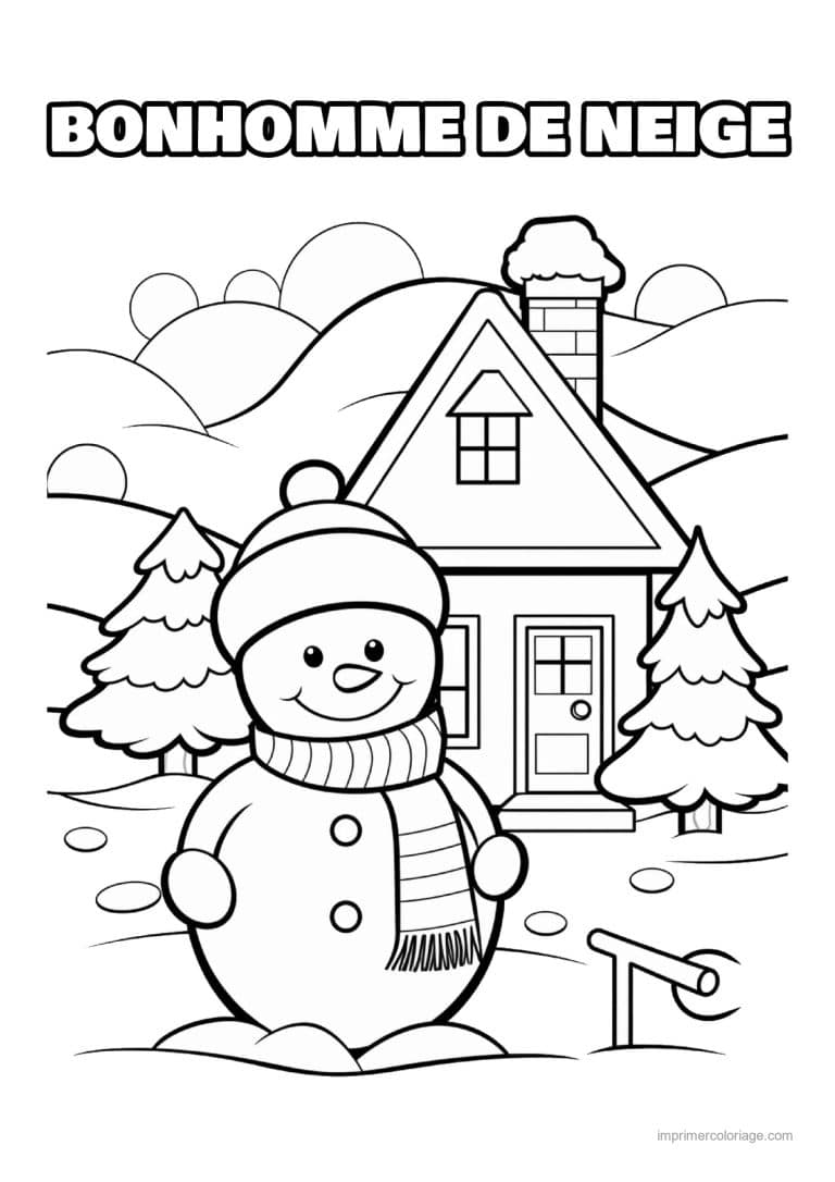 coloriage bonhomme de neige bonhomme neige devant maison sapins - dessin gratuit &agrave; imprimer