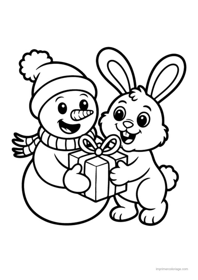 coloriage bonhomme de neige bonhomme neige lapin cadeau - dessin gratuit &agrave; imprimer