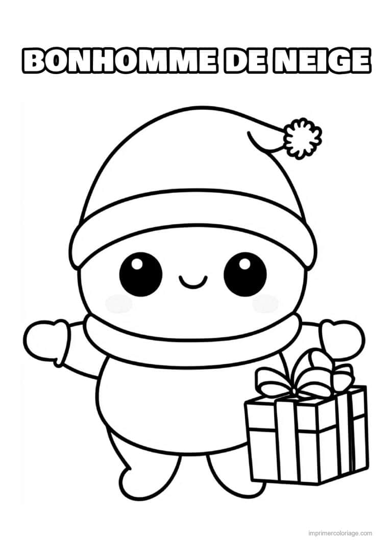 coloriage bonhomme de neige personnage kawaii bonnet tenant cadeau - dessin gratuit &agrave; imprimer