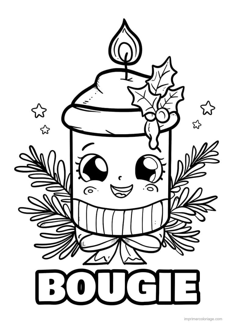 coloriage bougie bougie kawaii houx branches - dessin gratuit &agrave; imprimer
