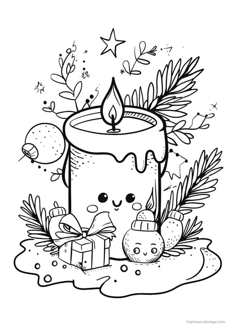 coloriage bougie bougie kawaii sapin cadeaux - dessin gratuit &agrave; imprimer