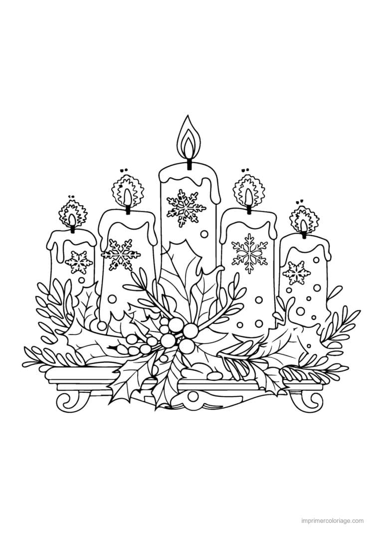 coloriage bougie bougies houx feuillage centre table - dessin gratuit &agrave; imprimer
