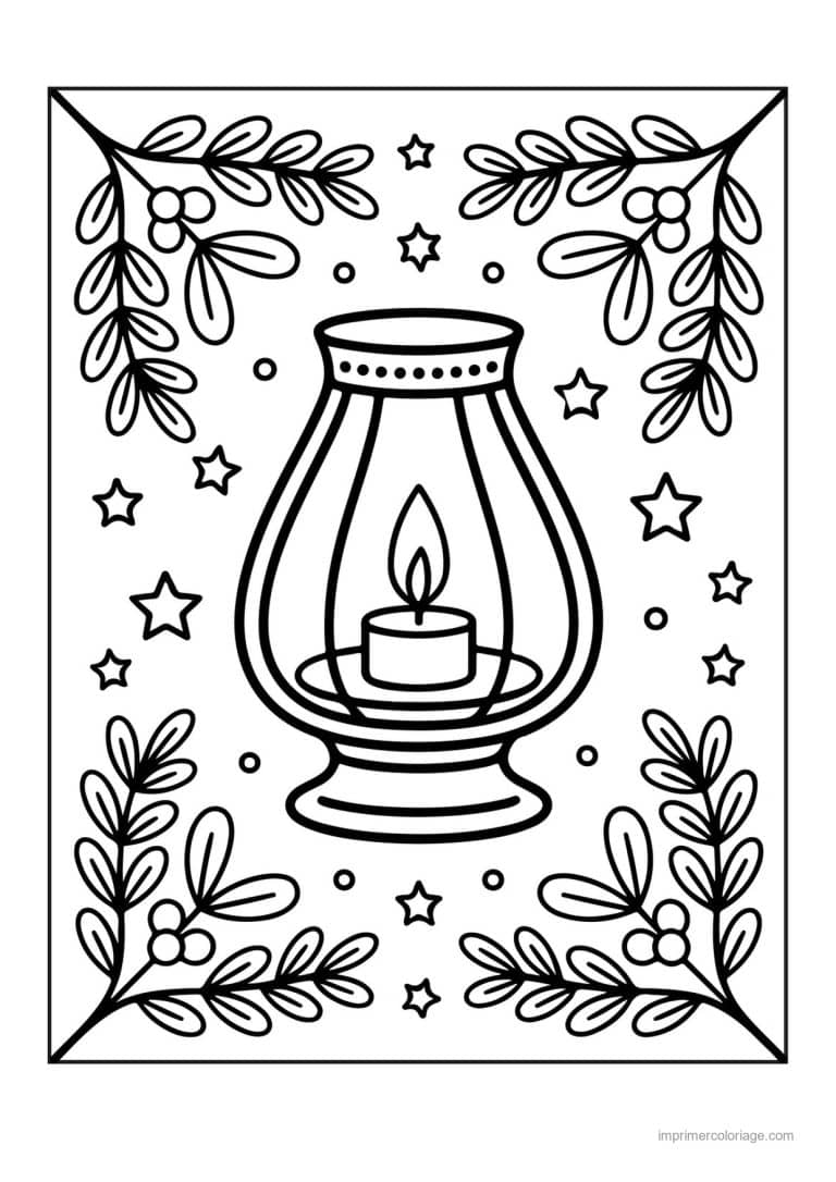 coloriage bougie lanterne encadree branches etoiles - dessin gratuit &agrave; imprimer