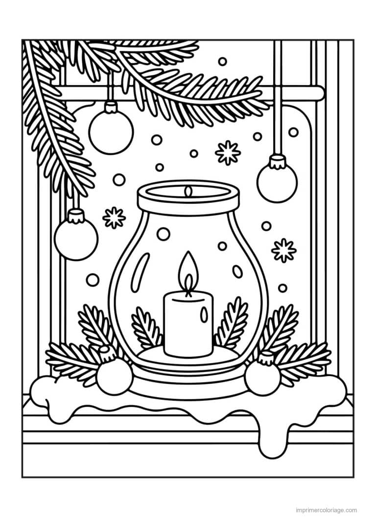 coloriage bougie lanterne fenetre boules sapin - dessin gratuit &agrave; imprimer