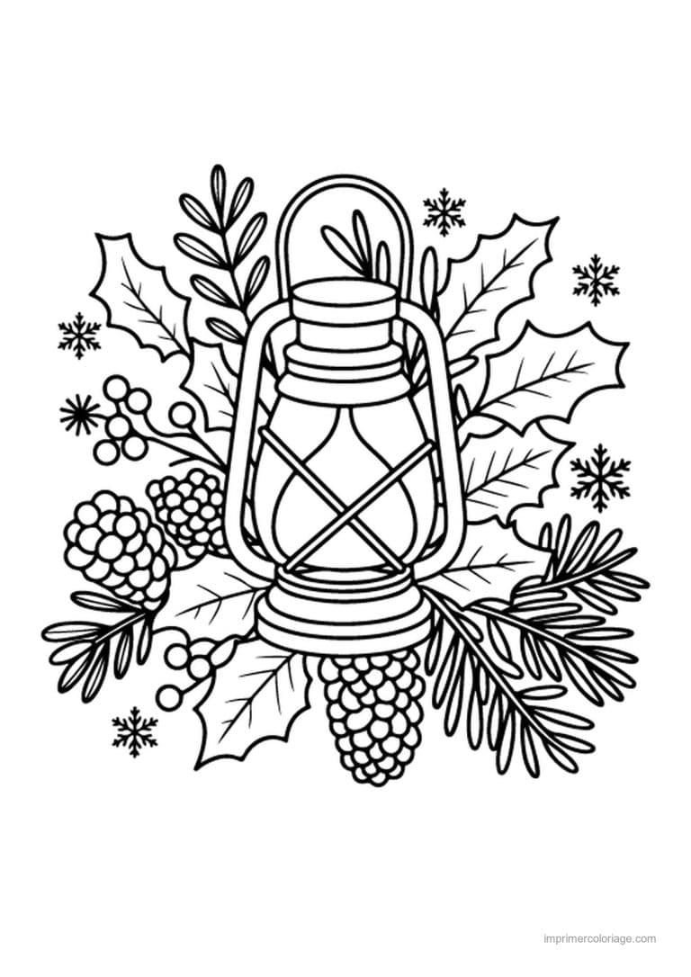 coloriage bougie lanterne houx pommes pin - dessin gratuit &agrave; imprimer