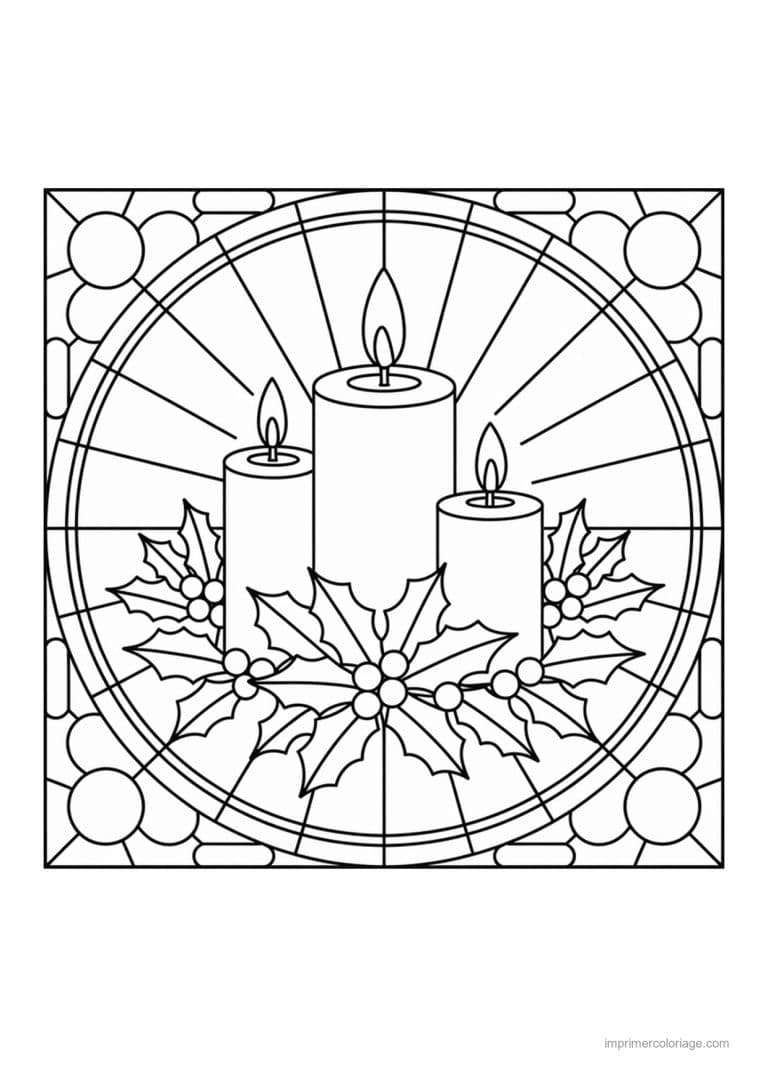 coloriage bougie trois bougies houx medaillon vitrail - dessin gratuit &agrave; imprimer