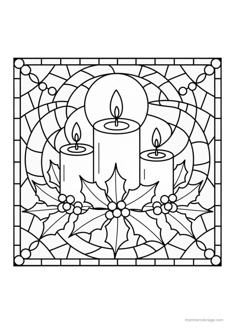 coloriage bougie trois bougies houx vitrail - dessin gratuit &agrave; imprimer