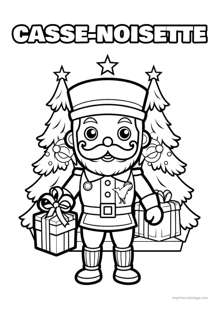 coloriage casse noisette avec cadeau et sapins - dessin gratuit &agrave; imprimer