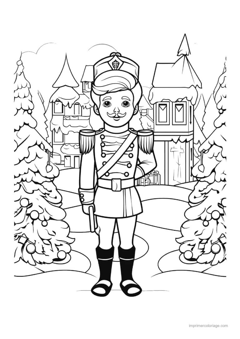 coloriage casse noisette devant un village enneige - dessin gratuit &agrave; imprimer