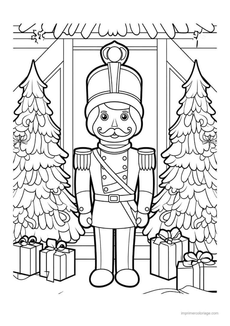 coloriage casse noisette sous un porche de sapins - dessin gratuit &agrave; imprimer