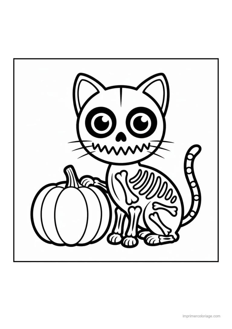 coloriage chat halloween chat squelette et citrouille - dessin gratuit &agrave; imprimer