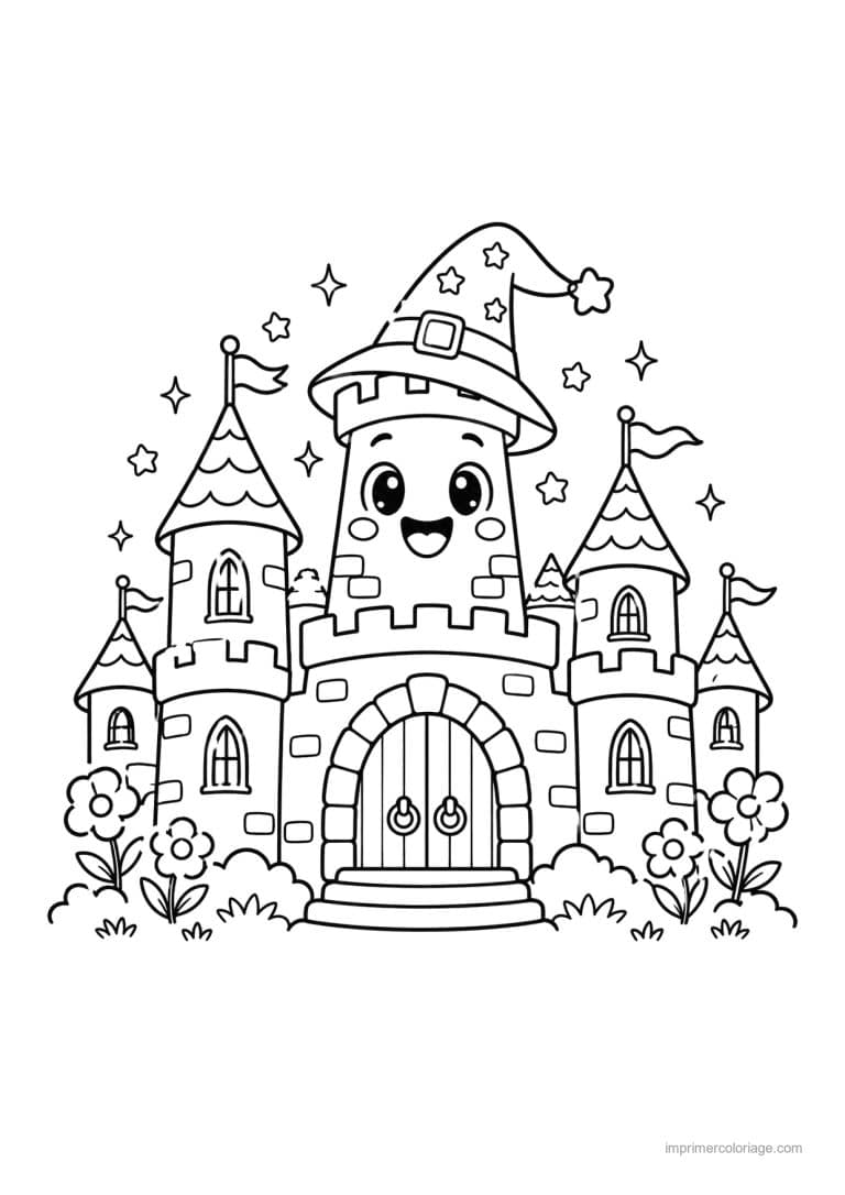 coloriage chateau cute chapeau etoiles fleurs - dessin gratuit &agrave; imprimer