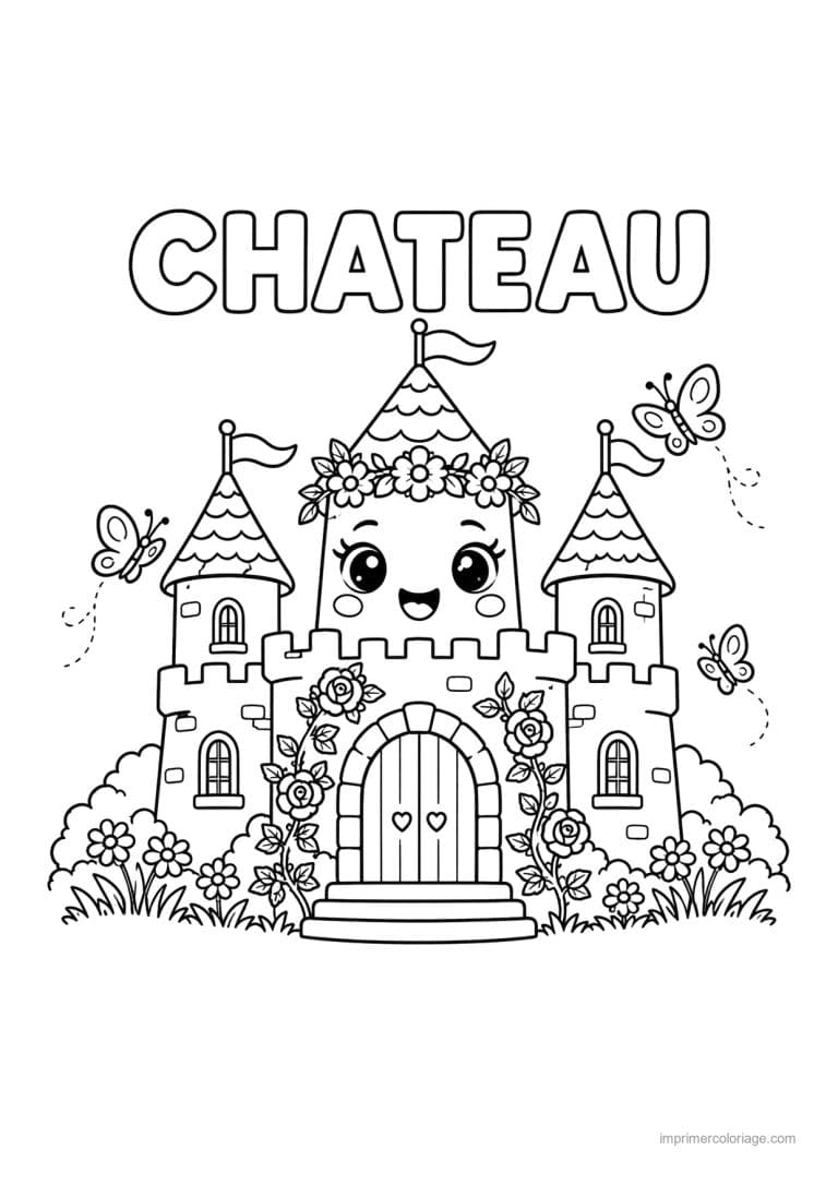 coloriage chateau cute couronne fleurs papillons titre haut - dessin gratuit &agrave; imprimer
