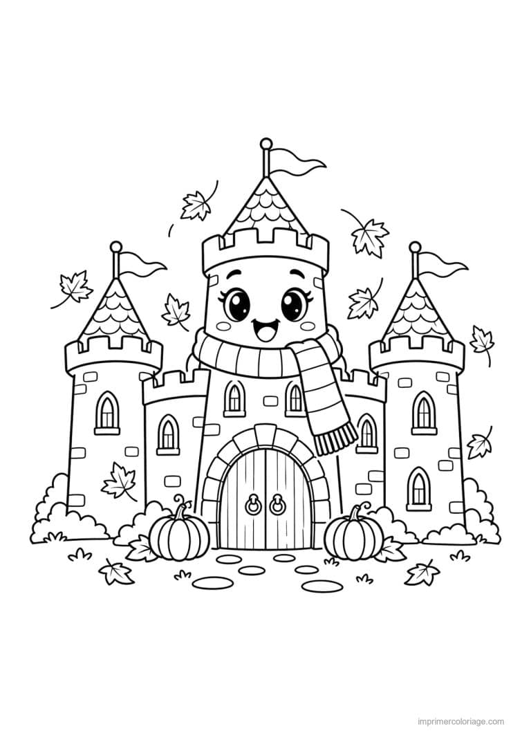 coloriage chateau cute echarpe feuilles automne - dessin gratuit &agrave; imprimer