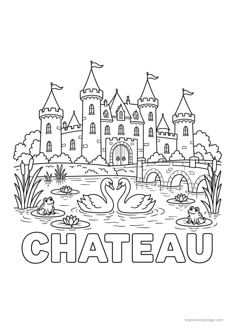 coloriage chateau friend cygnes douves grenouilles titre bas - dessin gratuit &agrave; imprimer