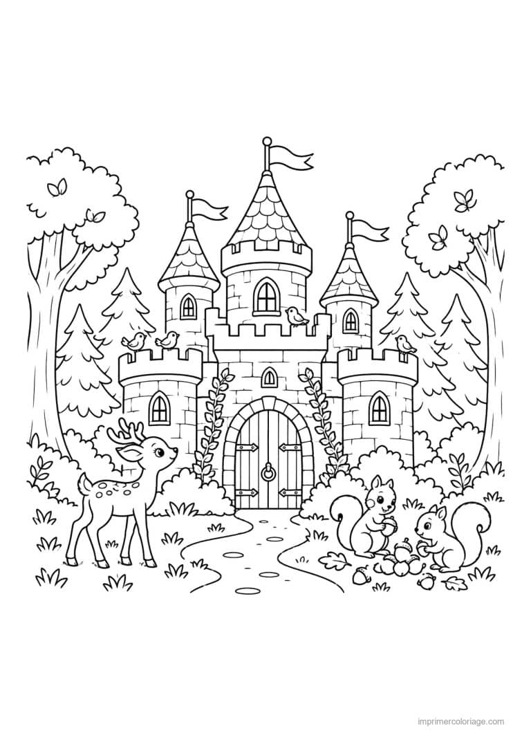 coloriage chateau friend foret cerf ecureuils - dessin gratuit &agrave; imprimer